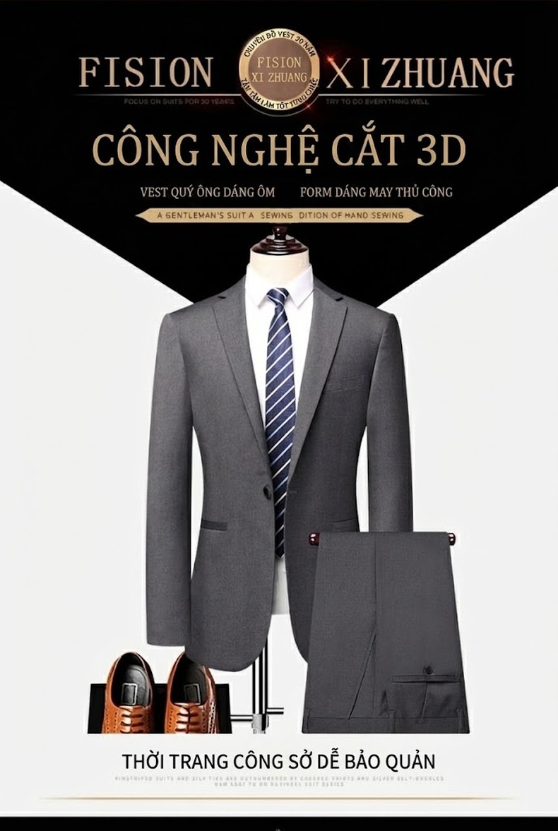 Bộ Vest Nam 2 Món Một Nút Áo Phong Cách Công Sở, Lịch Lãm Màu Đen, Xám chi tiết 1