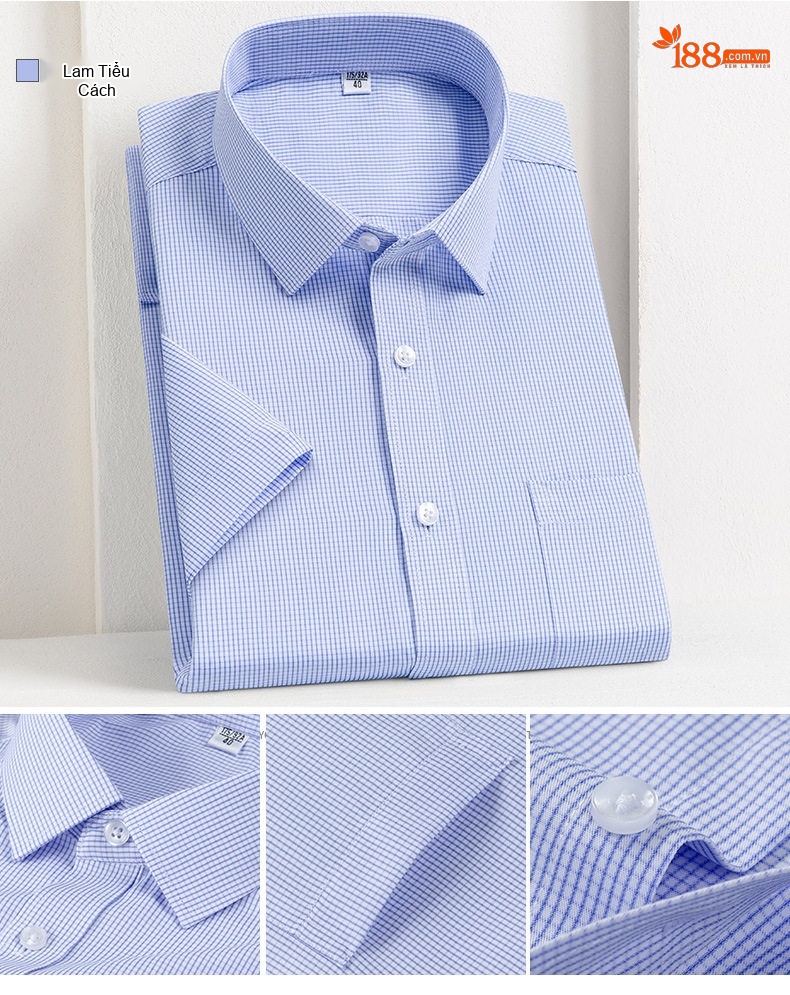 Áo Sơ Mi Nam Cotton Ngắn Tay Dáng Ôm Chống Nhăn Màu Trắng, Xanh Dương, Tím, Xám... chi tiết 7