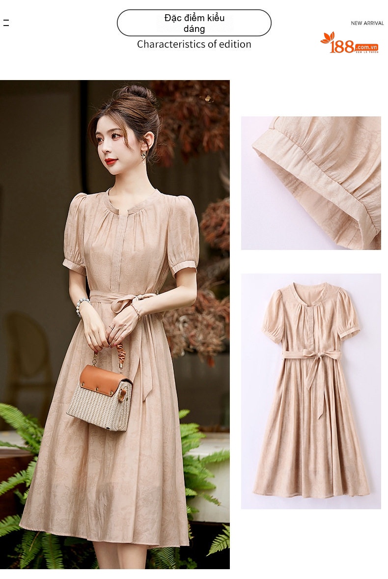 Váy Midi Nữ Cổ Điển Thắt Eo Tay Ngắn Màu Be, Xanh chi tiết 3