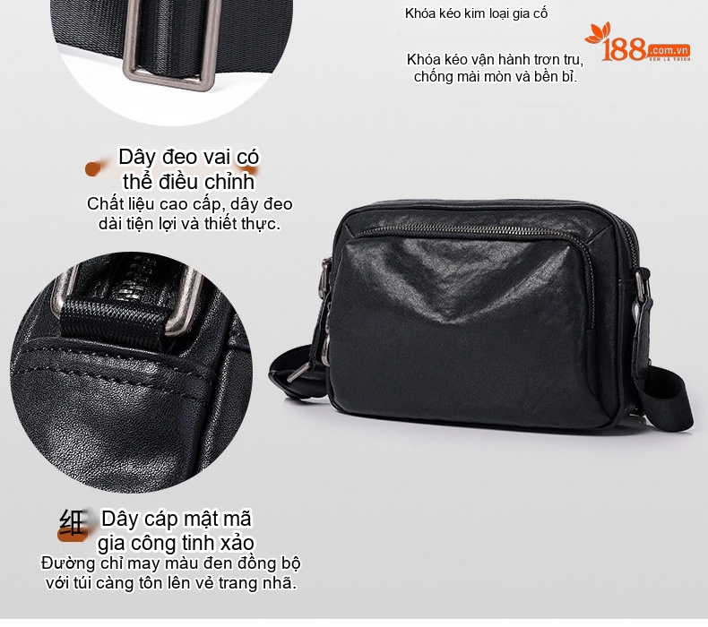 Túi Đeo Vai/Đeo Chéo Nam Da Bò Ngăn Ngang Phong Cách Casual Màu Đen chi tiết 15