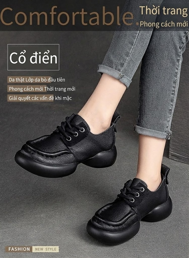 Giày Oxford Nữ Da Bò Buộc Dây Chiều Cao Đế Khoảng 4cm Phong Cách Retro Màu Đen, Nâu chi tiết 1