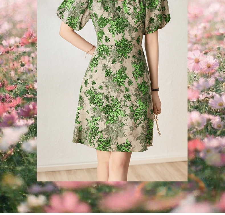 Váy Ngắn Nữ Cổ chữ V Thắt Dây Lưng Sau Tay Bồng Họa Tiết Hoa Lá Xanh chi tiết 4
