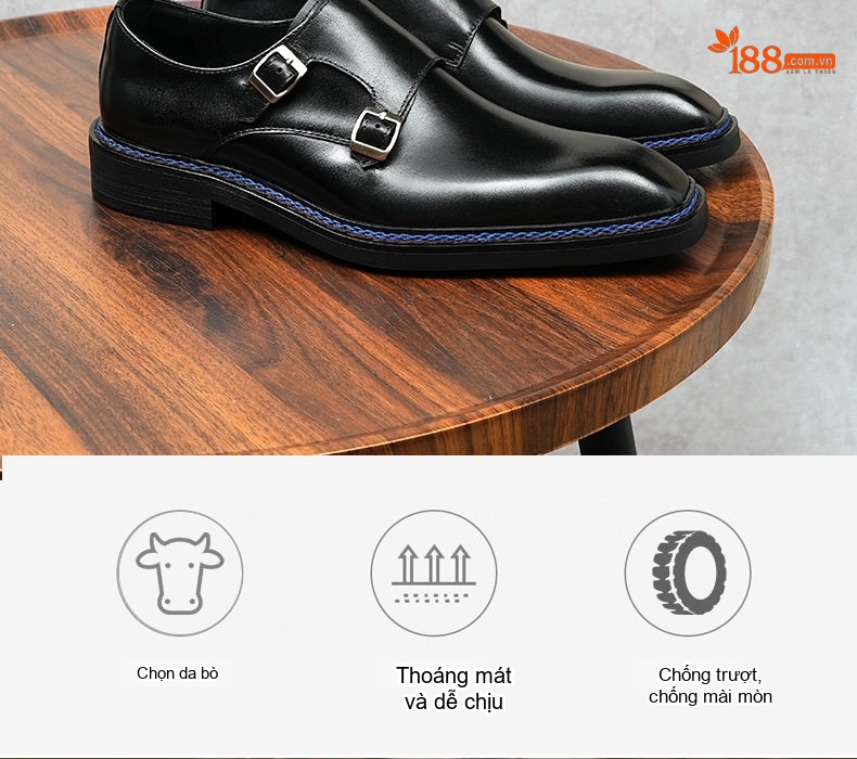 Giày Monkstrap Khóa Cài Nam Da Bò Mũi Vuông Chiều Cao Đế Khoảng 3cm Màu Đen, Nâu chi tiết 2
