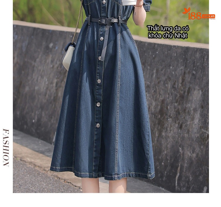 Váy Đầm Jean Dáng Dài Nữ Tính Thu Eo Kèm Đai Phong Cách Hàn Quốc chi tiết 5