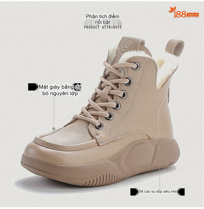 Giày Boot Nữ Da Bò Lót Lông Cừu Non Cổ Cao Dây Buộc Chiều Cao Đế Khoảng 5cm Màu Be, Đen chi tiết 3