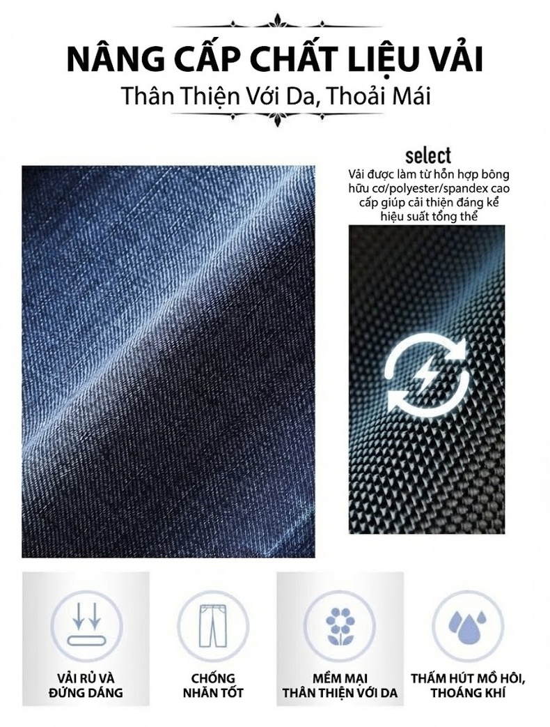Quần Jeans Dài Nam Ống Đứng Co Giãn Thoải Mái Màu Xanh Dương Đậm chi tiết 8