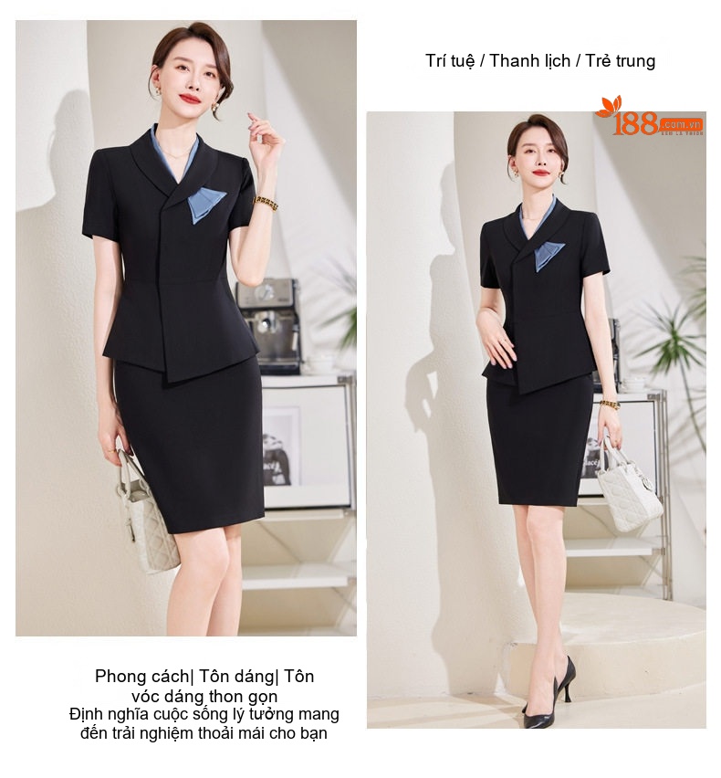 Set Bộ Vest Công Sở Nữ Tay Ngắn Thiết Kế Thanh Lịch Màu Đen, Xanh Navy chi tiết 18