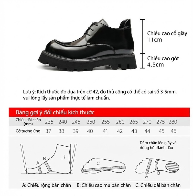 Giày Boot Martin Nam Da Bò Thủ Công Tăng Chiều Cao 4.5cm Đế Dày Phong Cách Anh Quốc Màu Đen chi tiết 7