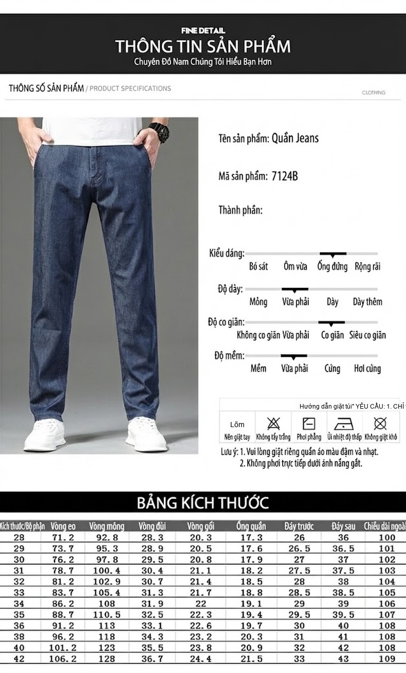 Quần Jeans Nam Ống Đứng Mỏng Co Giãn Nhẹ Thoải Mái Màu Xanh Đậm, Xanh Nhạt chi tiết 2