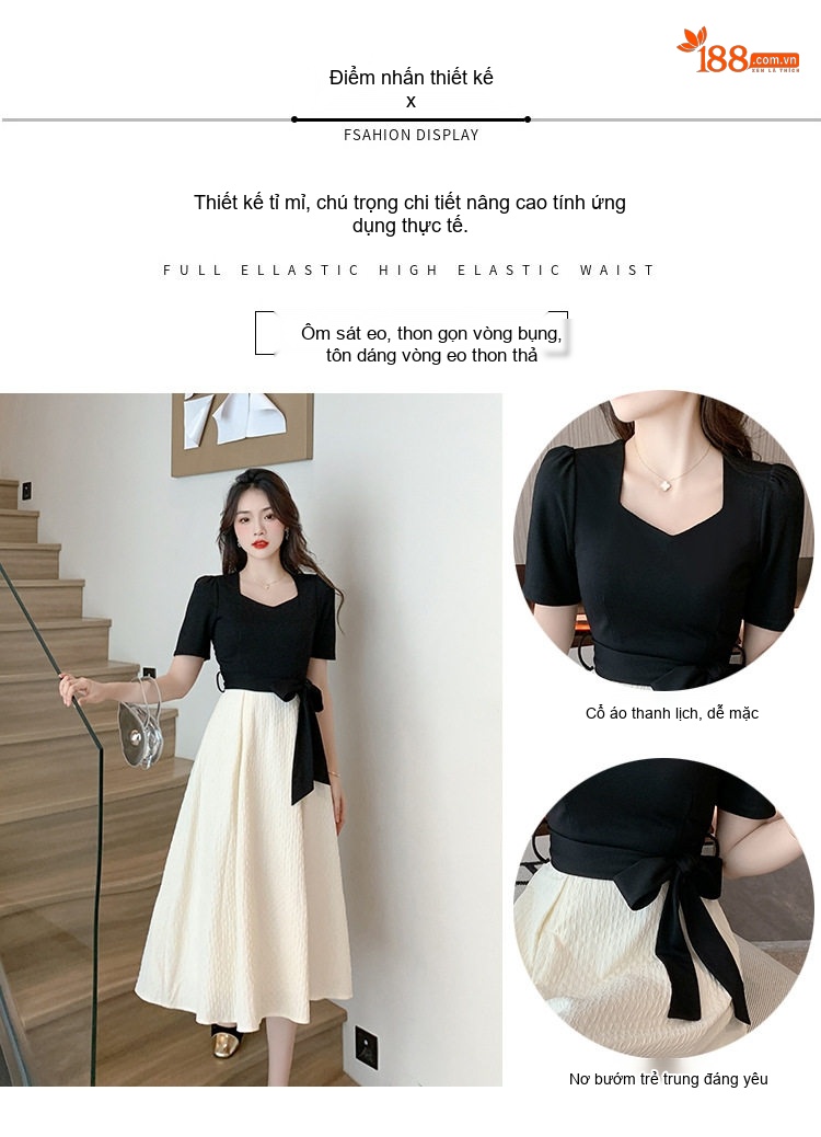 Váy Ngắn Tay Lỡ dáng chữ A Chít Eo Thanh Lịch Màu Đen, Trắng Kem chi tiết 2