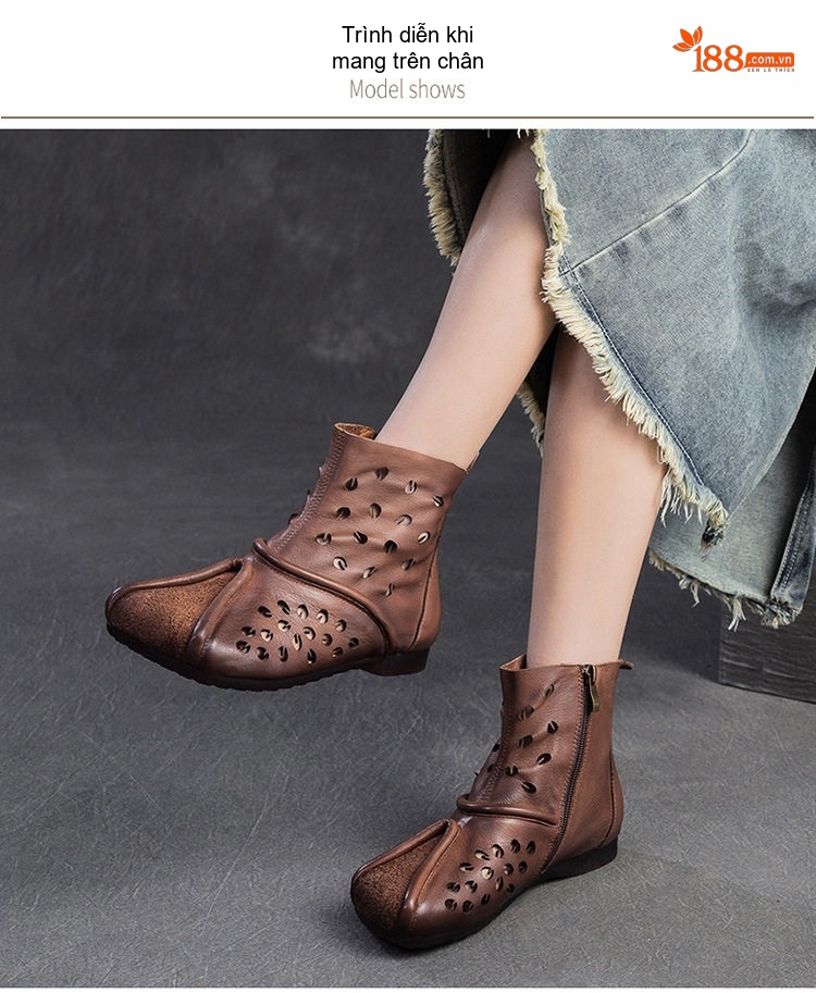 Boot Nữ Da Bò Cao Cổ Khoét Lỗ Thoáng Khí Chiều Cao Đế Khoảng 2cm Màu Nâu, Vàng chi tiết 8