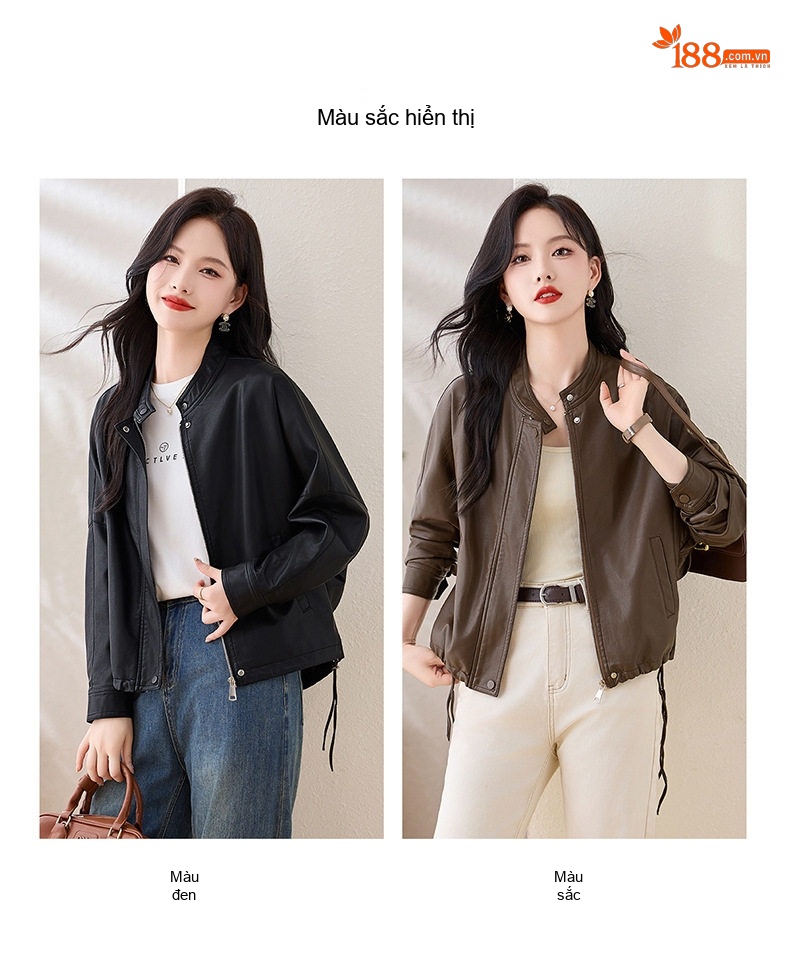 Áo Khoác Da Nữ Cổ Trụ Kiểu Mỹ Retro Dáng Ngắn Rộng Màu Đen, Nâu chi tiết 11