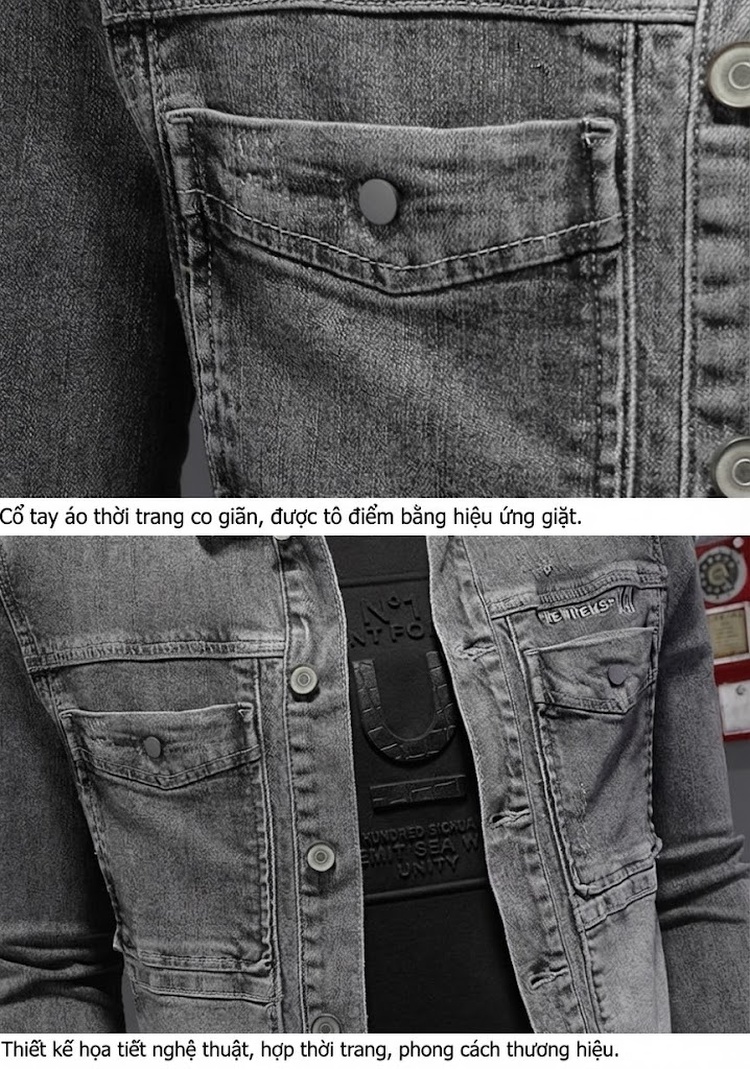 Áo Khoác Jean Nam Dáng Ôm Thêu Họa Tiết Màu Xám Khói chi tiết 10