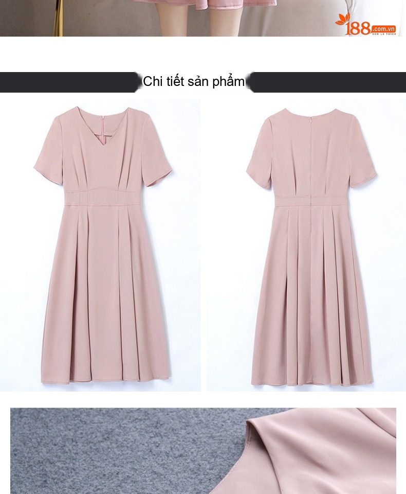 Váy Xòe Chữ A Cổ chữ V Tay Ngắn Thanh Lịch Màu Đen, Hồng, Xanh Mint chi tiết 37