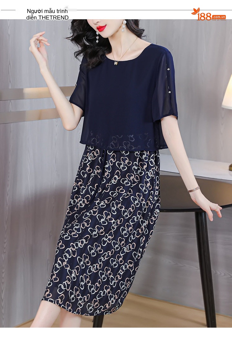 Váy liền thân Nữ Giả Hai Lớp Lụa In Họa Tiết Dáng Rộng Che Bụng Màu Xanh Navy chi tiết 7