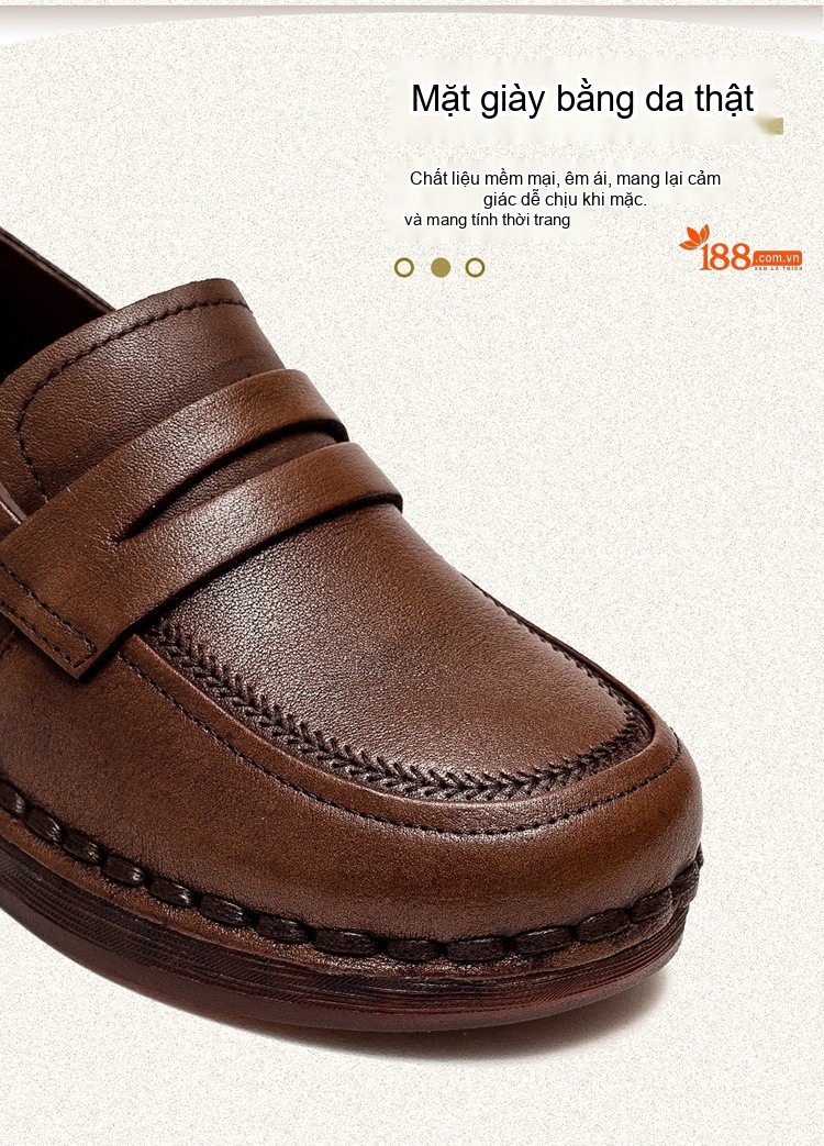 Giày Lười Nữ Da Bò Đầu Tròn Đế Xuồng Chiều Cao Đế Khoảng 3cm Màu Nâu, Đen chi tiết 3