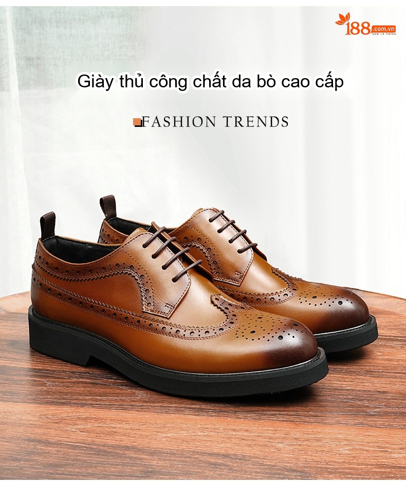 Giày Tây Buộc Dây Nam Da Bò Chiều Cao Đế Khoảng 3cm Màu Đen, Nâu chi tiết 1