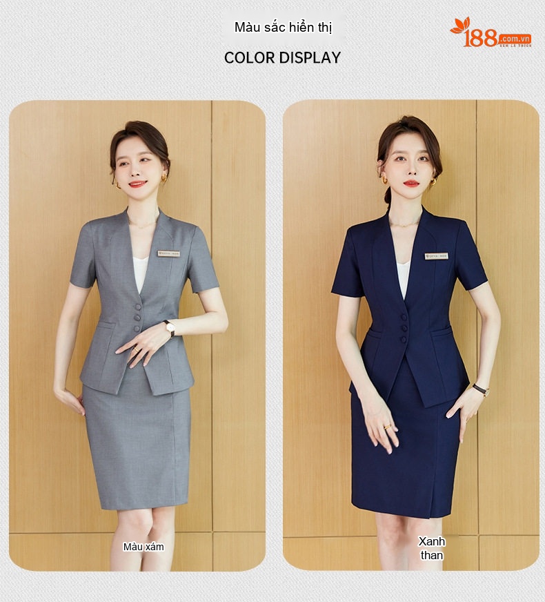 Bộ Vest Công Sở Nữ Tay Ngắn Cao Cấp, Sang Trọng Màu Xám, Xanh Navy chi tiết 7