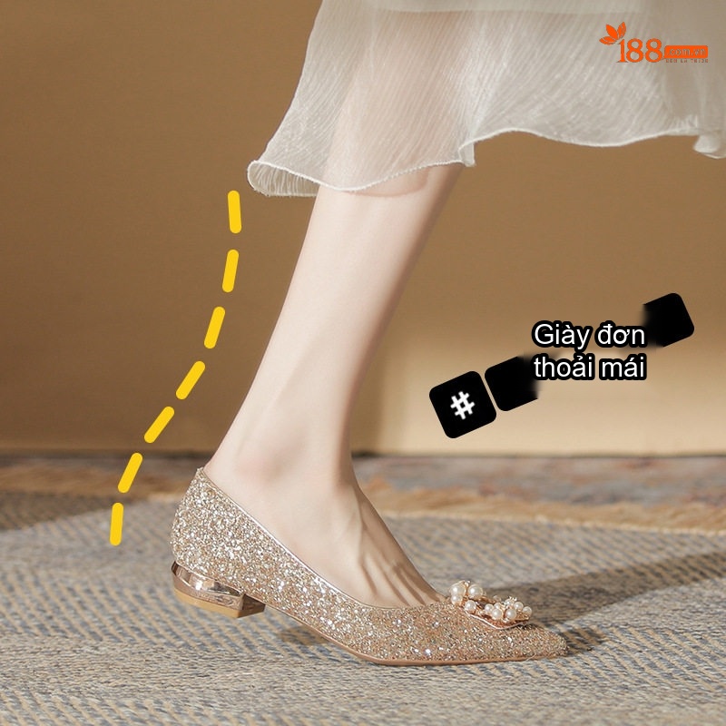 Giày Búp Bê Nữ Mũi Nhọn Đế Vuông Chiều Cao Đế Khoảng 3cm Đính Đá Màu Bạc
