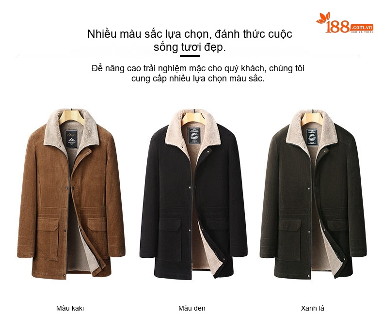 Áo Khoác Nam Lót Lông Cừu Non Cotton Gân Dày Dặn Dáng Dài Màu Nâu, Đen, Xanh Rêu chi tiết 4