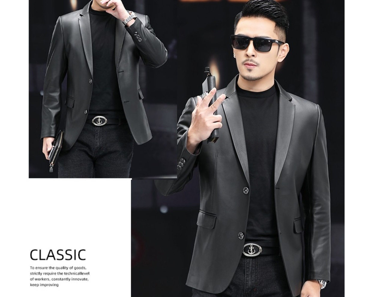 Áo Khoác Blazer Nam Da Cừu Thiết Kế Dáng Ôm Phong Cách Business Casual Màu Đen chi tiết 3