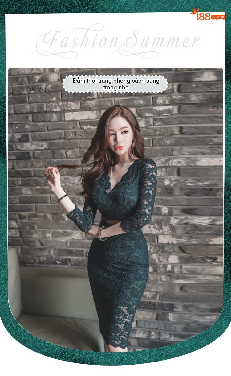 Váy Ôm Body Nữ Ren Tay Dài Cổ chữ V Trễ Vai Thanh Lịch Màu Xanh Đen chi tiết 1