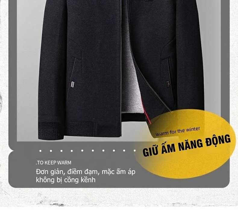 Áo Khoác Nam Cổ Trụ Lót Lông Cừu Mùa Thu Đông Màu Đen, Xanh Navy, Xám chi tiết 4
