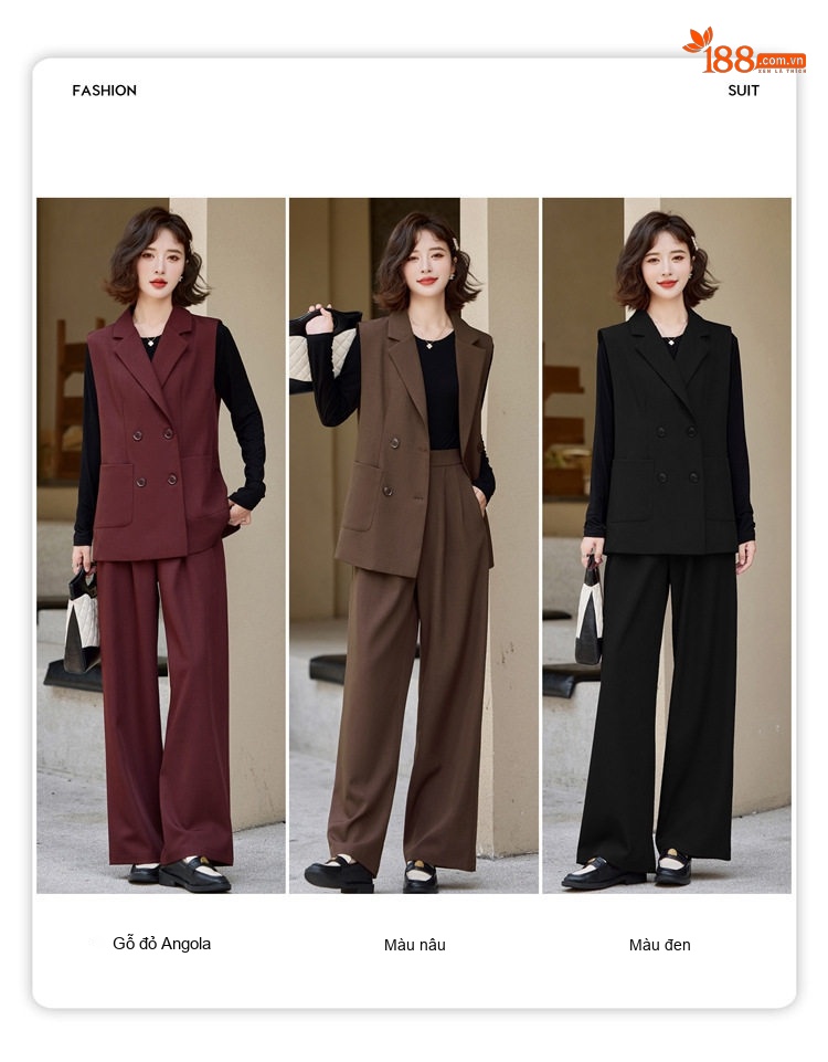 Bộ Vest Nữ Công Sở Áo Gile Quần Ống Rộng Thời Trang Màu Đen, Nâu chi tiết 5