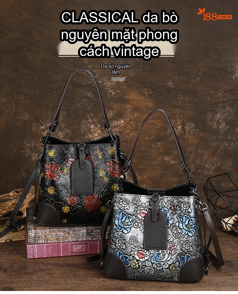 Túi Đeo Vai/Đeo Chéo Nữ Da Bò Thật Thiết Kế Vintage Nhiều Ngăn Màu Xám, Đen, Xanh Dương, Hồng chi tiết 1