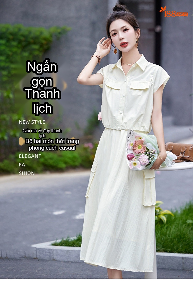 Set Bộ Áo Croptop Tay Ngắn Và Chân Váy Công Sở Dáng Dài Xòe Phong Cách Hàn Quốc Màu Xám, Kem, Xanh Olive chi tiết 1