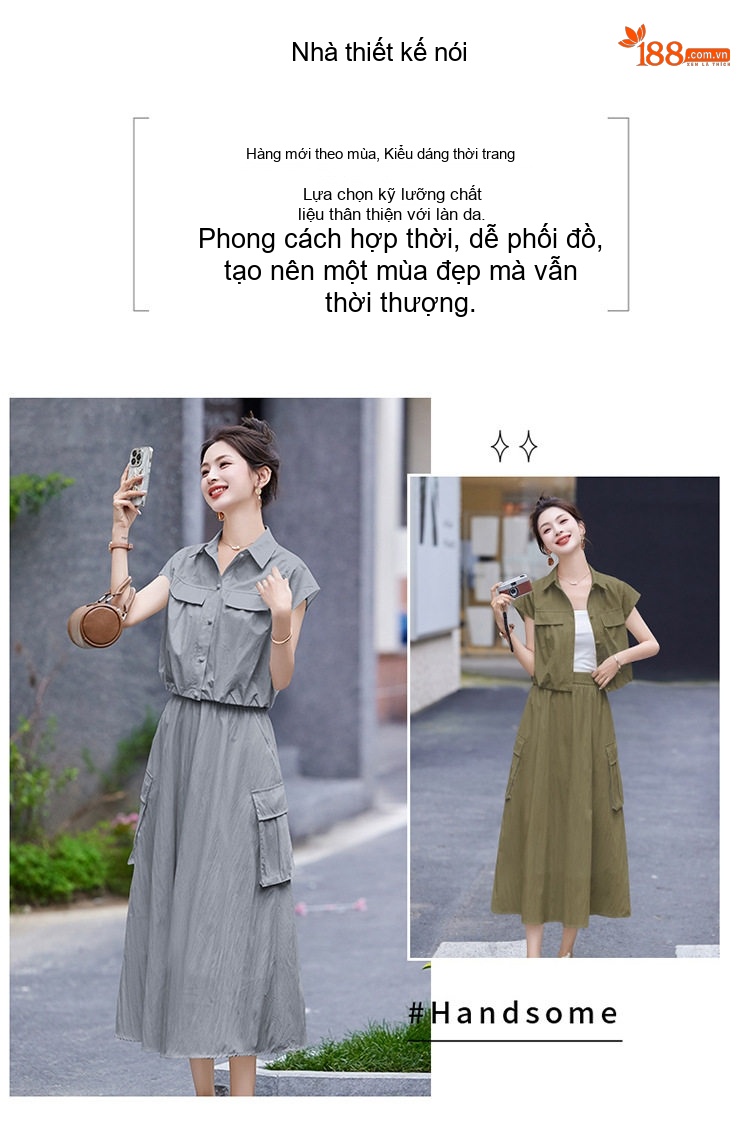 Set Bộ Áo Croptop Tay Ngắn Và Chân Váy Công Sở Dáng Dài Xòe Phong Cách Hàn Quốc Màu Xám, Kem, Xanh Olive chi tiết 2