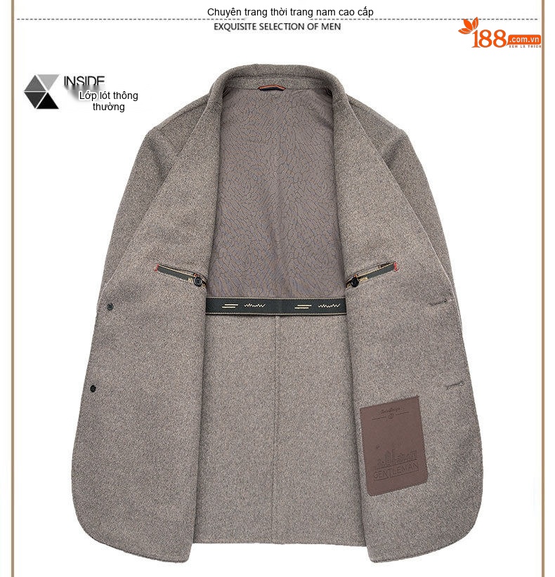 Áo Khoác Blazer Nam Hai Mặt Lông Cừu Áo Phao Lót Lông Vũ Có Thể Tháo Rời Màu Đen, Nâu, Xám chi tiết 6
