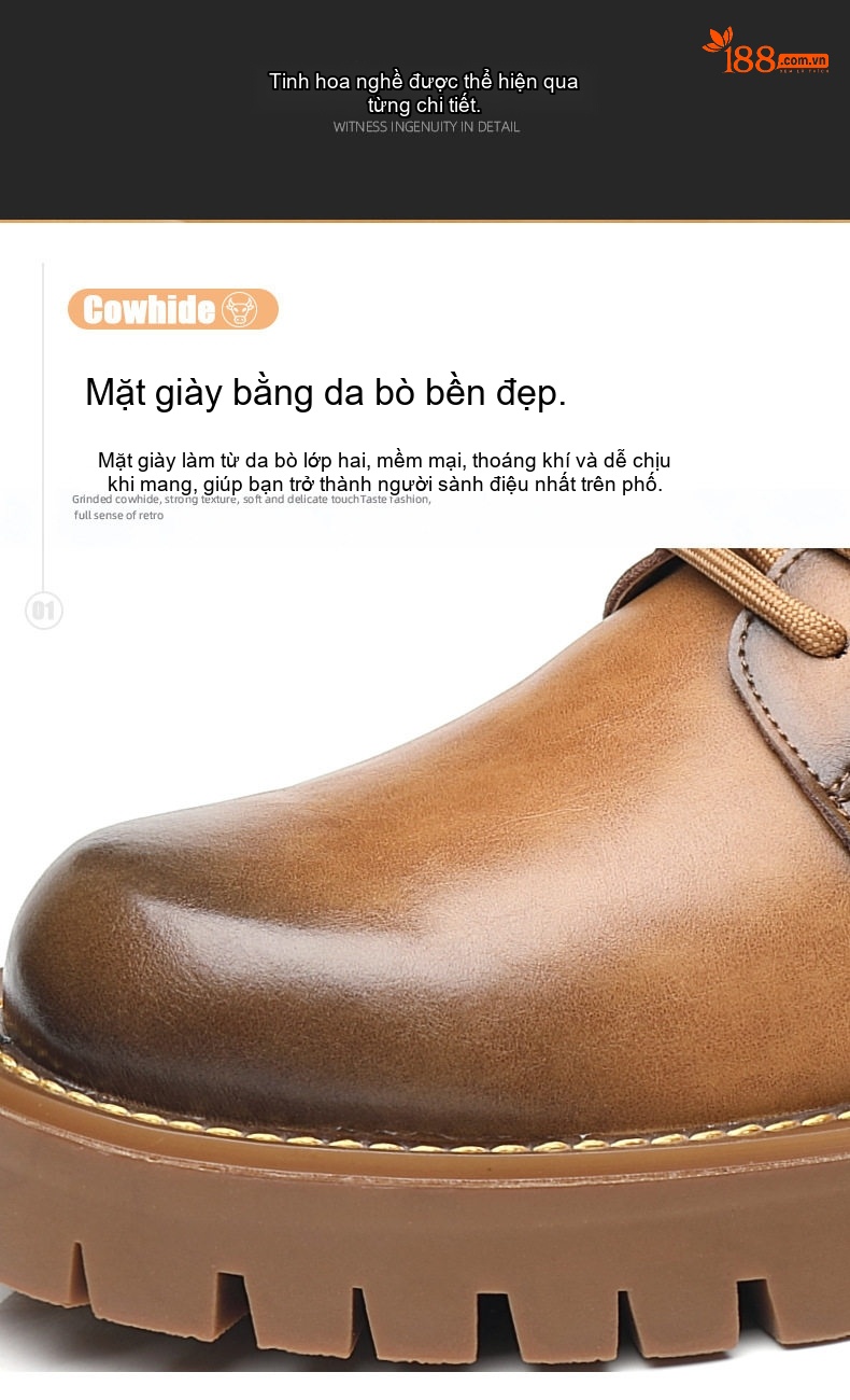 Giày Boot Martin Nam Cổ Thấp Phong Cách Anh Quốc Đế Dày Chiều Cao Đế Khoảng 4cm Màu Nâu, Đen chi tiết 5