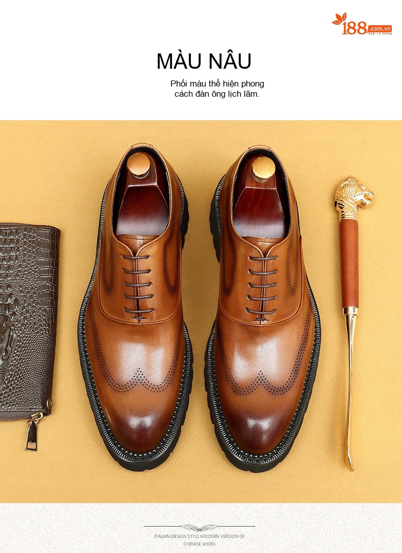 Giày Tây Buộc Dây Nam Da Thật Brogue Chiều Cao Đế Khoảng 4cm Màu Đen, Nâu chi tiết 11