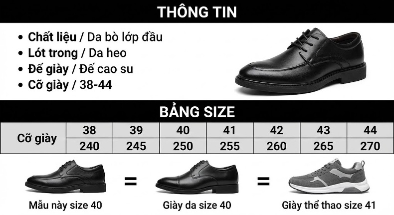 Giày Tây Buộc Dây Nam Da Bò Chiều Cao Đế Khoảng 3.5cm Màu Đen, Nâu chi tiết 9