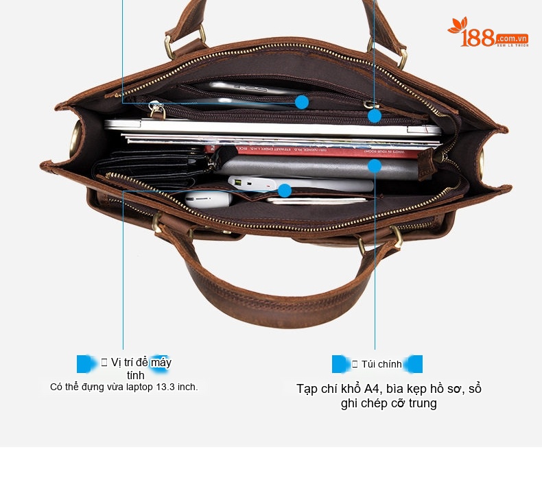 Cặp Công Sở Nam Da Bò Sáp Thủ Công Vintage Đựng Laptop Có Dây Đeo Màu Nâu chi tiết 9