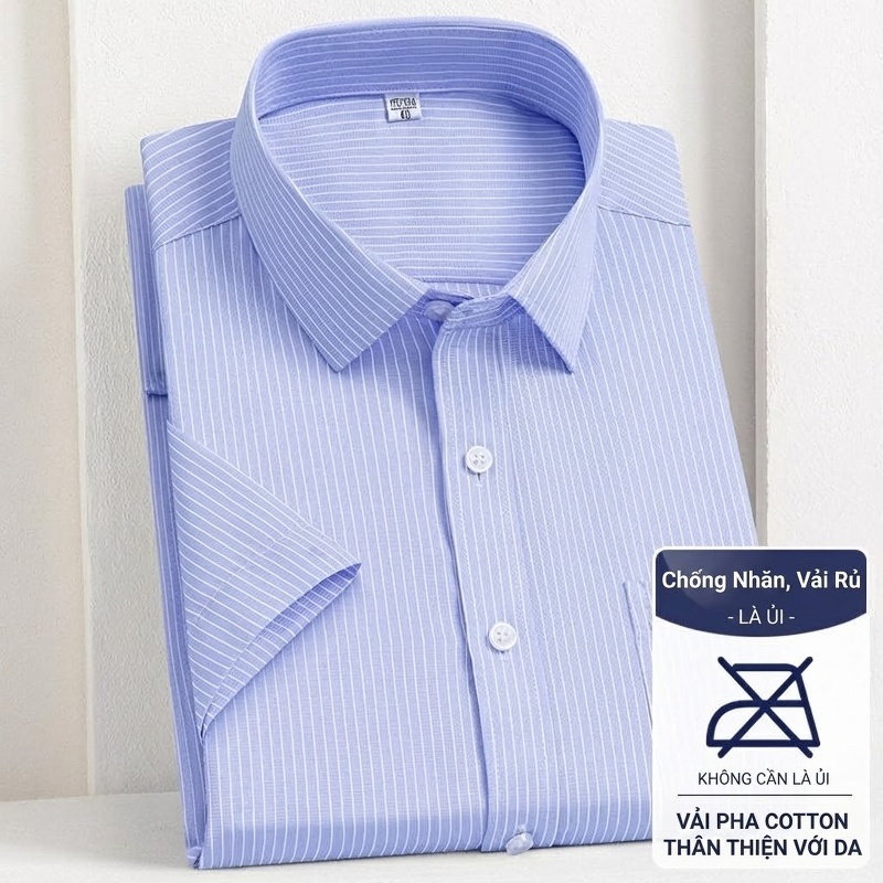 Áo Sơ Mi Nam Cotton Ngắn Tay Dáng Ôm Chống Nhăn Màu Trắng, Xanh Dương, Tím, Xám...