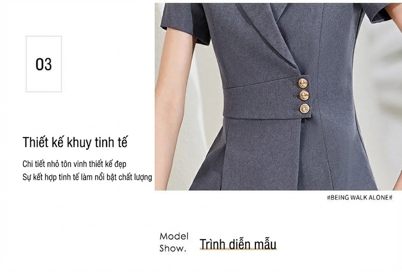 Bộ Vest Công Sở Nữ Tay Ngắn Màu Xanh Navy, Xám, Kem chi tiết 10