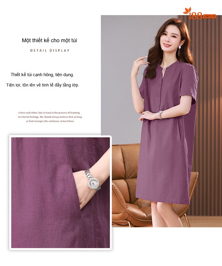 Váy Midi Nữ Cổ chữ V Tay Ngắn Phong Cách Retro Thanh Lịch Cotton Màu Xanh Rêu, Xanh Lá, Tím, Xanh Navy... chi tiết 8