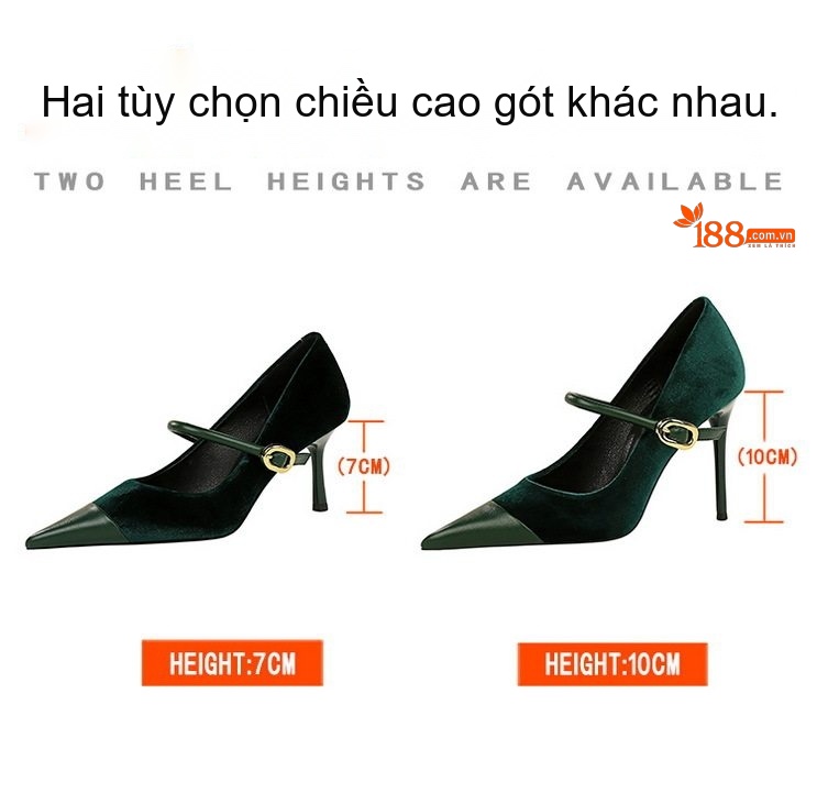 Giày Cao Gót Nữ Mũi Nhọn Quai Ngang Nỉ Chiều Cao Đế Khoảng 8cm Màu Đỏ, Nâu, Đen, Xanh Lá chi tiết 2