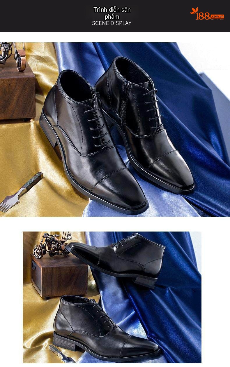 Giày Boot Martin Nam Cổ Thấp Da Bóng Chiều Cao Đế Khoảng 3cm Màu Đen chi tiết 13