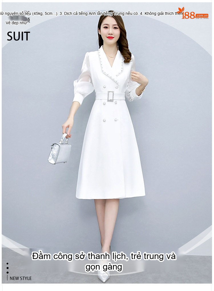 Váy liền thân Nữ Thu Đông dáng chữ A Cổ Bẻ Tay Lỡ Chiết Eo Qua Gối Phong Cách Quý Cô Màu Trắng, Đen chi tiết 2