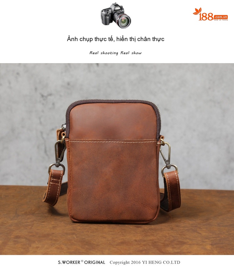 Túi Đeo Chéo Mini Nam Da Thật Thủ Công Vintage Đựng Điện Thoại Màu Nâu chi tiết 9