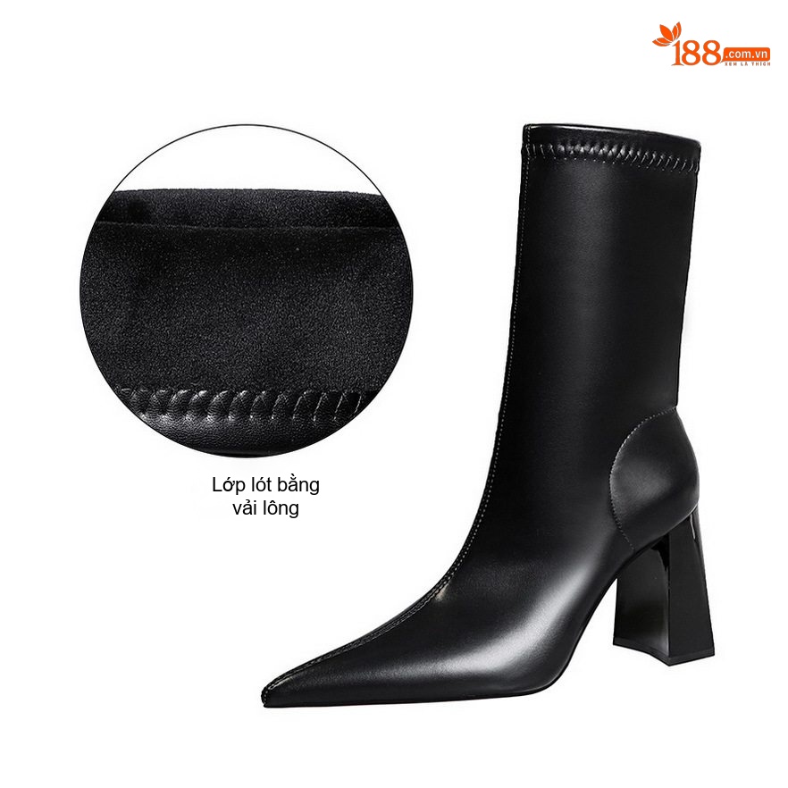 Boot Nữ Cổ Ngắn Gót Vuông Da Bóng Mũi Nhọn Chiều Cao Đế Khoảng 8cm Màu Đen, Nâu, Kem