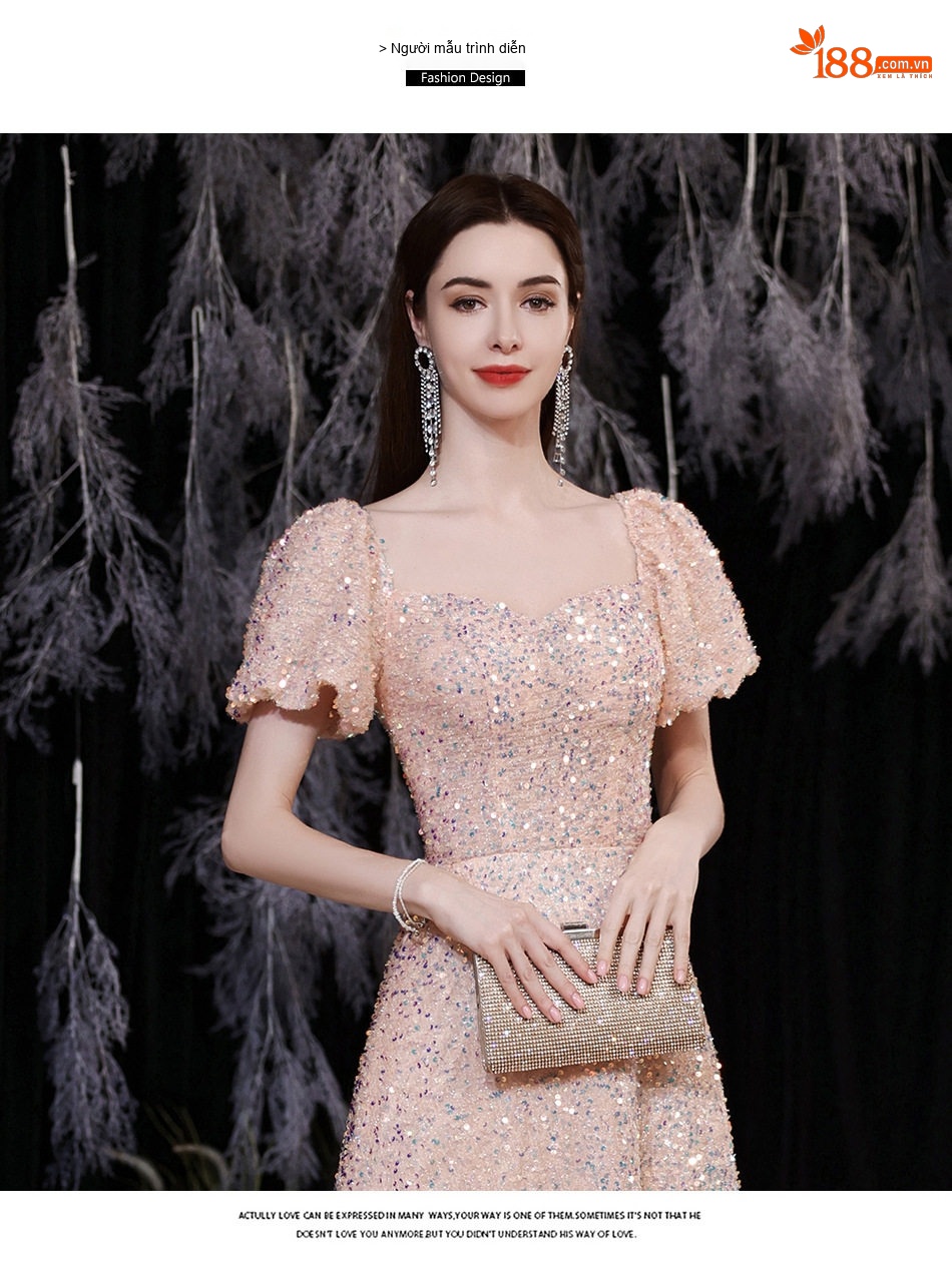 Váy Dạ Hội Nữ Tay Bồng Công Chúa Màu Hồng chi tiết 16