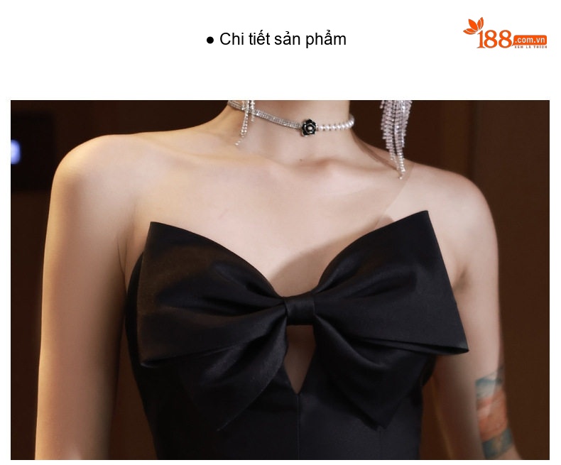 Váy Dạ Hội Nữ Dáng Dài Hở Vai Thắt Nơ Phong Cách Pháp Màu Đen chi tiết 10