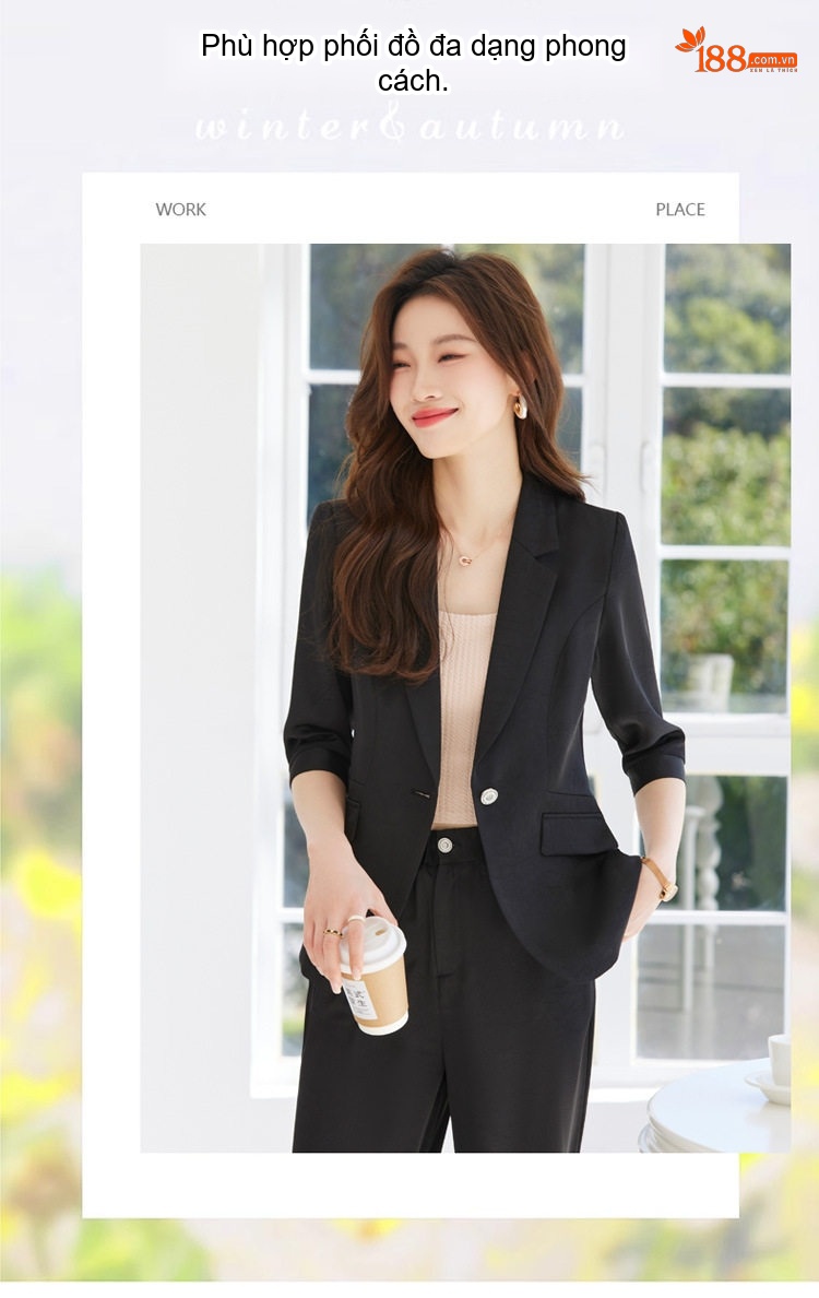 Bộ Vest Nữ Áo Blazer Tay Lỡ Quần Ống Rộng Chất Acetate Satin Phong Cách Công Sở Màu Đen, Trắng Kem, Xanh... chi tiết 2