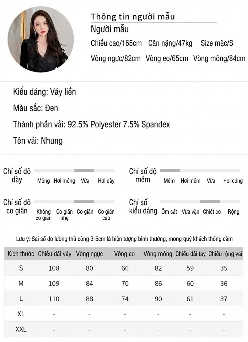 Váy Ôm Body Nữ Dài Tay Lụa Nhung Phối Ren Xẻ Tà Phong Cách Hepburn Màu Đen chi tiết 2