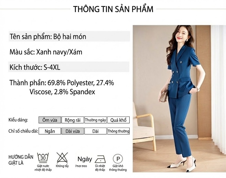 Bộ Vest Công Sở Nữ Tay Ngắn Mỏng Nhẹ Màu Xám, Xanh Than chi tiết 10