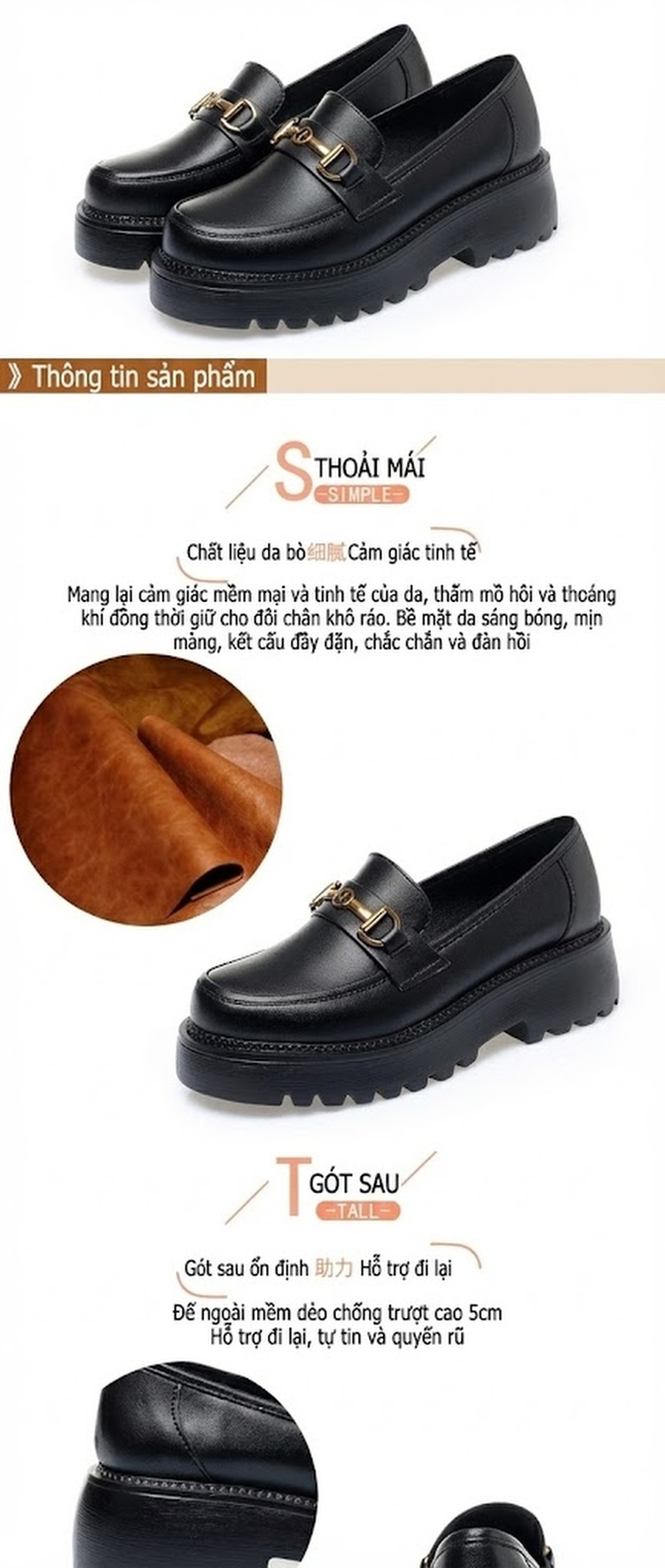 Giày Lười Nữ Da Bóng Đế Bánh Mì Chiều Cao Đế Khoảng 4cm Màu Đen chi tiết 2